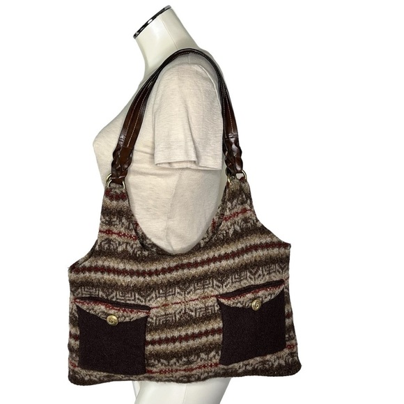 RARE EDDIE BAUER Brown Wool Blend Shoulder Tote Bag Leather Braided Straps - Picture 15 of 16